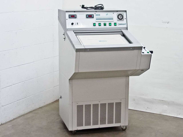 Bright Instrument OTF cryostat with 5030-RR8 microtome – front left three-quarter view showing full cabinet on casters with top control panel and Bright logo