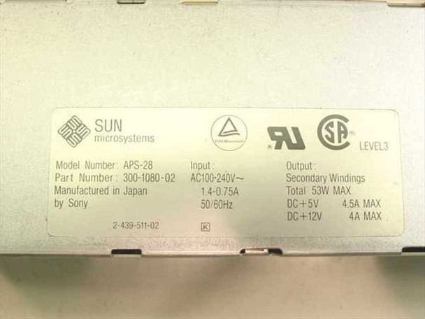 Sun APS-28 300-1080-02 power supply label showing model number, part number, input AC100-240V specs and DC output ratings