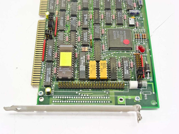 Adaptec AHA-1540 16-bit ISA SCSI card angled view — 16-bit ISA edge connector, internal 50-pin SCSI header, yellow transformer, BIOS chip, and red LED visible