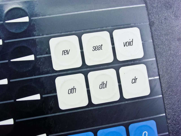 Sable Technologies CT90 MK1.1 keypad closeup showing white function keys labeled rev, seat, void, oth, dbl, and clr