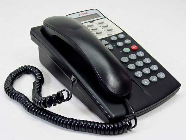 Avaya 6D-0003 black 4-line business desk telephone front-left view with handset and coiled cord
