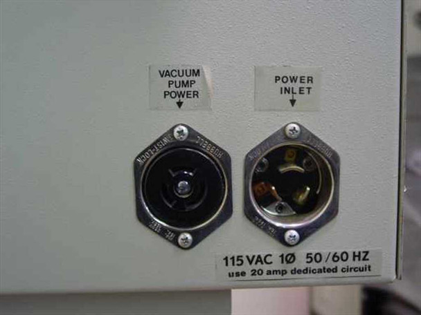 Telos Labs 650 System rear power panel showing Vacuum Pump Power outlet and Power Inlet connector labeled 115VAC 1-Phase 50/60Hz 20A