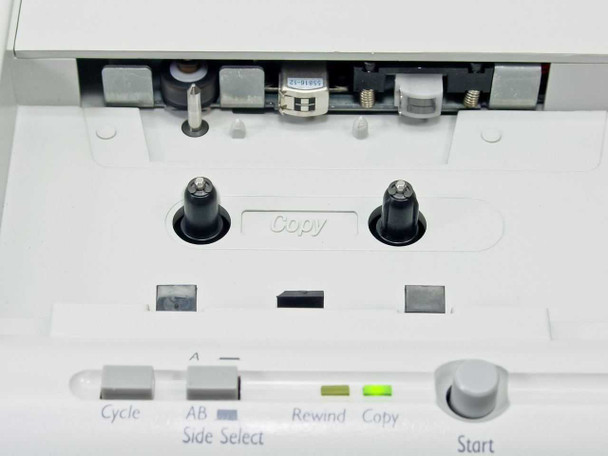 Telex Copyette — close-up of Copy cassette well open with tape transport heads visible and control buttons: Cycle, AB Side Select, Rewind, Copy, Start
