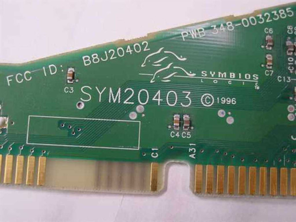 Underside of SYM20403 PCB showing FCC ID B8J20402, Symbios Logic logo, model number SYM20403, copyright 1996, and PWB 348-0032385