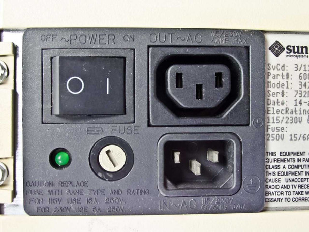 Sun 3/110 rear power panel showing ON/OFF rocker switch, IEC AC inlet, AC outlet pass-through, fuse holder with green indicator, rated 115/230V