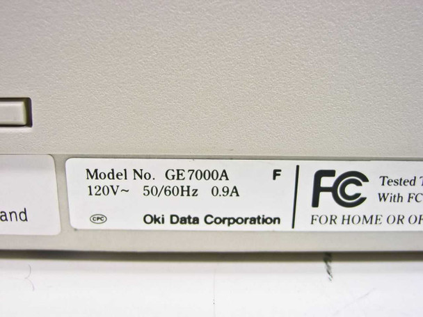 Okidata Microline 320 Turbo rating label showing Model No. GE7000A, 120V 50/60Hz 0.9A, Oki Data Corporation