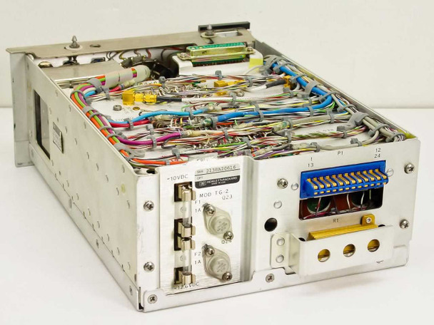 HP 8552B IF Section — rear and bottom view showing power supply area with MOD TG-2 module, Q23/Q24 transistors, fuse holders, and 24-pin P1 connector