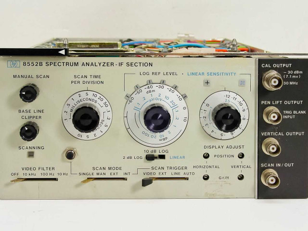 HP 8552B IF Section — full front panel view showing all controls: Manual Scan, Scan Time/Division, Log Ref Level, Linear Sensitivity, Display Adjust, Video Filter, Scan Mode, Scan Trigger, and BNC output connectors