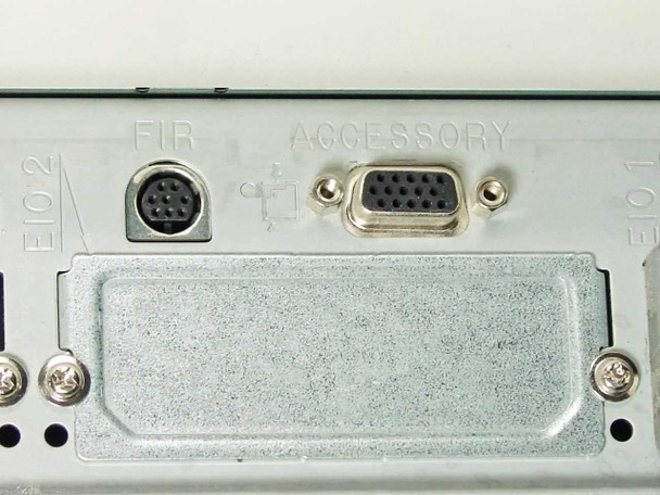 HP LaserJet 8150DN rear panel showing FIR port, Accessory DB15 port, USB symbol, and EIO slot