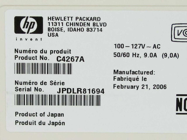 HP LaserJet 8150DN product label showing model C4267A, serial JPDLR81694, 100-127V 9.0A, manufactured February 2006
