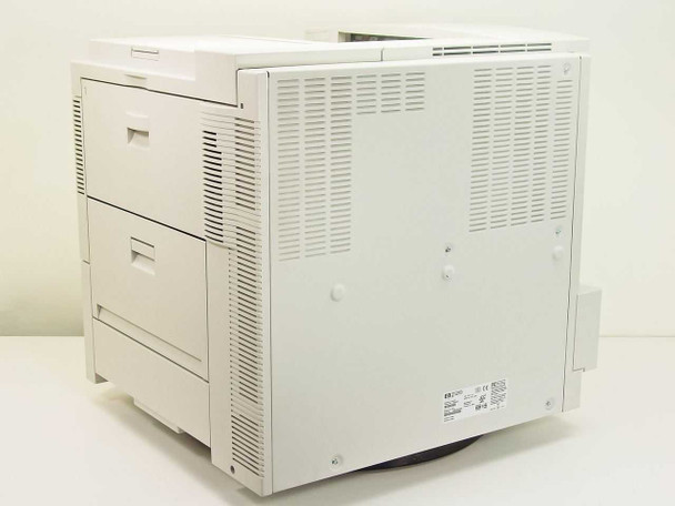 HP LaserJet 8150DN rear and left side view showing ventilation grilles and paper tray stack