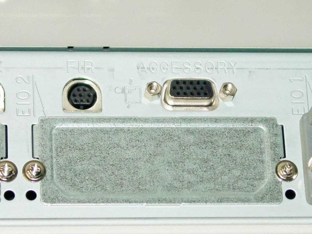 HP LaserJet 8150DN rear panel section showing FIR and Accessory ports, EIO slots with expansion cover installed