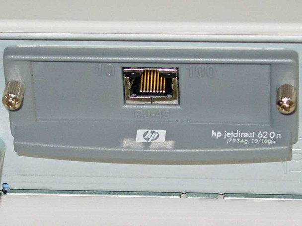 HP JetDirect 620n 10/100 Ethernet network card installed in HP LaserJet 8150DN EIO slot — RJ-45 port visible