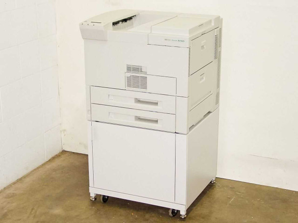 HP LaserJet 8150DN laser printer on rolling 2500-sheet paper cabinet — full front three-quarter view showing paper trays and cabinet