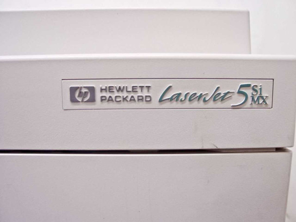 HP Hewlett-Packard LaserJet 5Si MX nameplate badge close-up on printer body