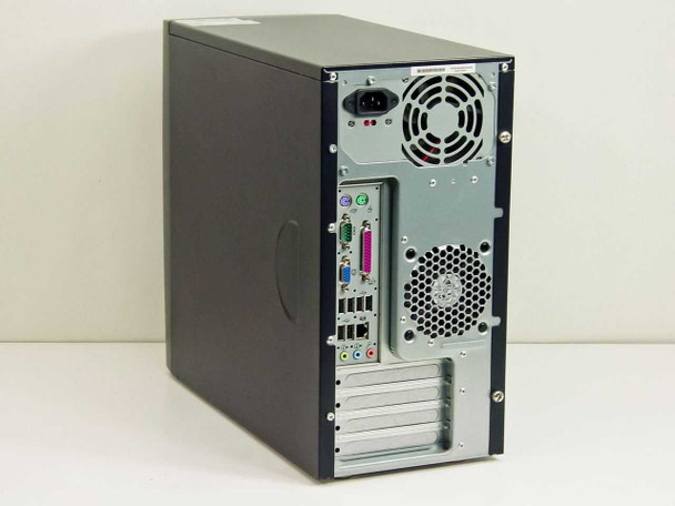 HP Compaq dx2000M rear panel view showing power supply fan, I/O port cluster, and expansion slot covers