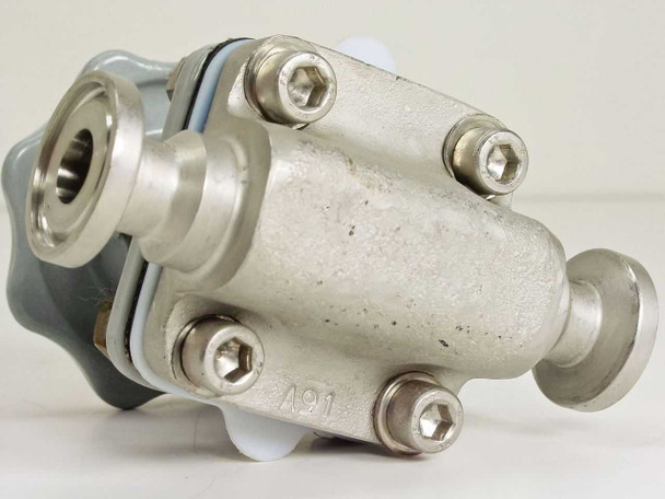 ITT Grinnell 4x4x3 diaphragm valve – side/rear view showing four hex socket bonnet bolts, stainless body casting, and tri-clamp port end