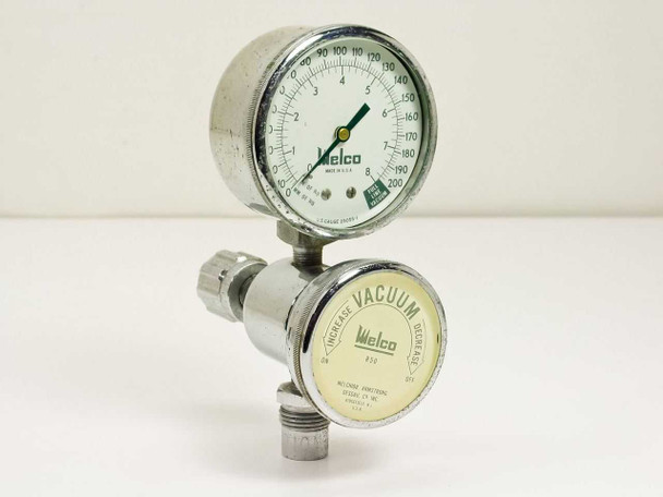 Welco R50 vacuum regulator valve front view with dial gauge showing 0-8 in Hg and 0-200 mm Hg scale