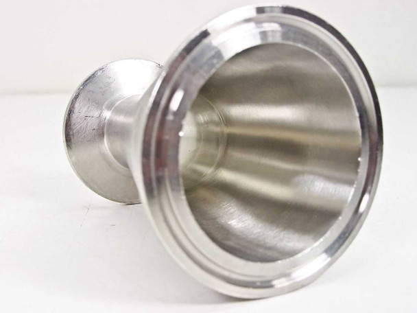 Stainless steel KF reducer fitting — interior view looking into the large 3-1/4" OD opening showing smooth bore and light machining marks