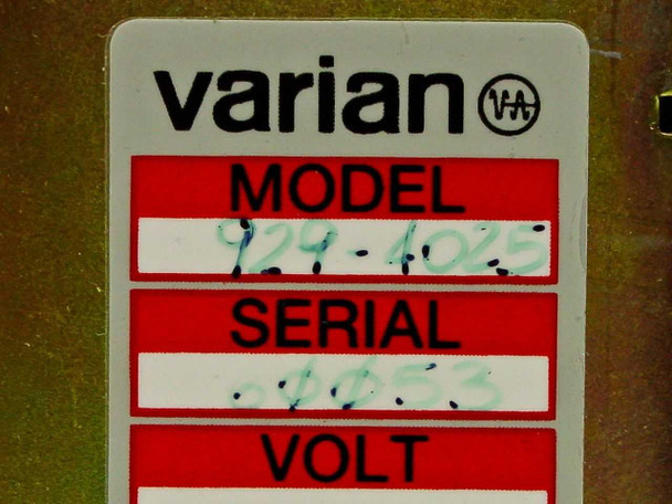 Varian 929-4025 label closeup – Varian logo, model number 929-4025, serial number field, and VOLT field on unit chassis