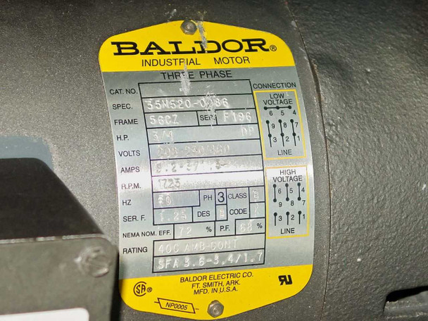 Baldor Industrial Motor nameplate close-up: Cat No. 35M520-0186, 3/4 HP, 208-230/460V, 3-phase, 1725 RPM, 60Hz, Frame 56CZ, Ft. Smith AR USA