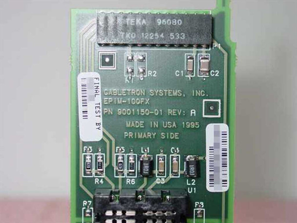 Cabletron EPIM-100FX PCB reverse side showing label: PN 9001150-01 Rev A, Made in USA 1995, EPIM-100FX, Cabletron Systems Inc.
