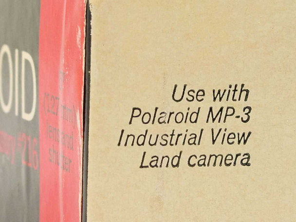 Original Polaroid MP-3 box side panel reading 'Use with Polaroid MP-3 Industrial View Land Camera'