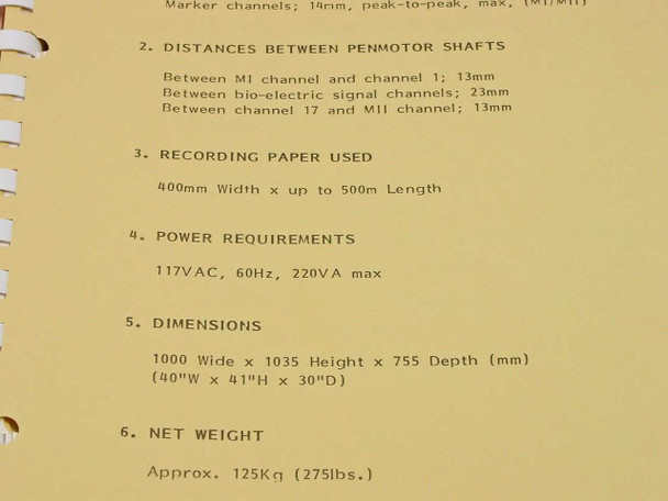 Manual page showing EEG-4317E specs: recording paper dimensions, power requirements (117VAC 60Hz 220VA max), and unit dimensions