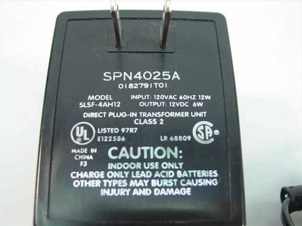 Motorola SPN4025A label showing model SLSF-4AH12, 120VAC input, 12VDC 6W output, UL and CSA listings