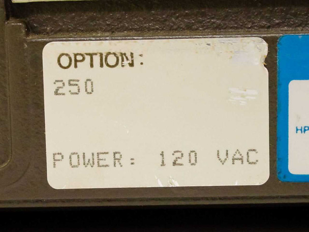 HP 2631B rear label showing Option 250 and Power 120 VAC specification