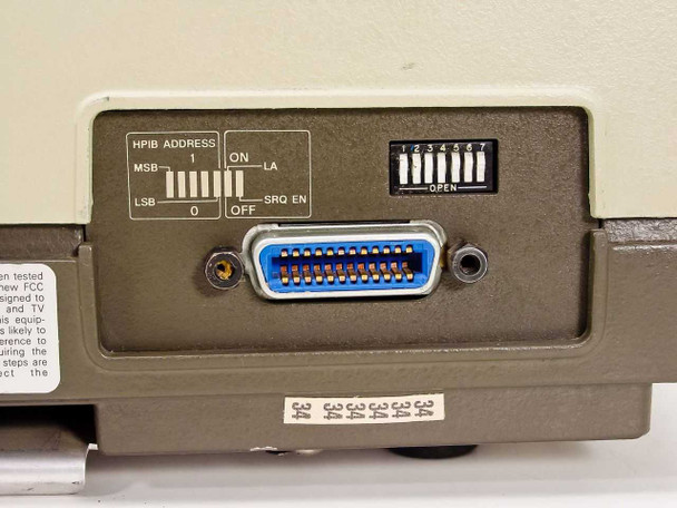 HP 2631B right rear panel — HPIB address DIP switches, SRQ EN toggle, and IEEE-488 HPIB 24-pin connector