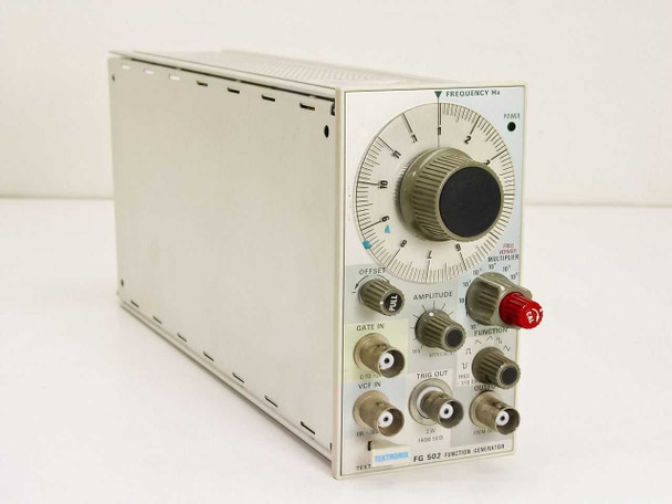 Tektronix FG 502 Function Generator plugin module — front panel view showing frequency dial, amplitude, offset, function selector, and BNC connectors