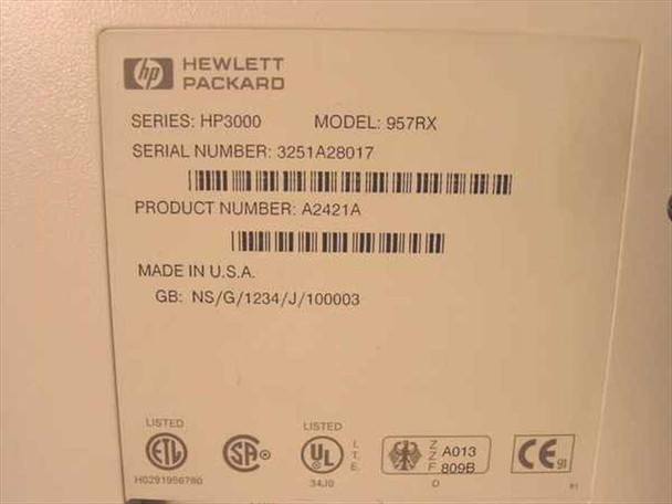 HP3000 957RX rear label showing Series HP3000, Model 957RX, Serial Number 3251A28017, Product Number A2421A, Made in USA
