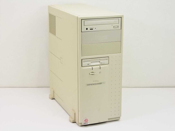 Dell Dimension XPS P90 tower PC — front left three-quarter view showing CD-ROM drive, floppy drive bay, and Dell Dimension XPS P90 badge
