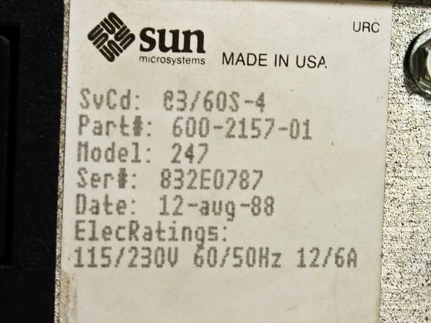 Sun Microsystems rating label close-up — SvCd B3/60S-4, Part 600-2157-01, Model 247, Date 12-Aug-88, 115/230V 60/50Hz 12/6A
