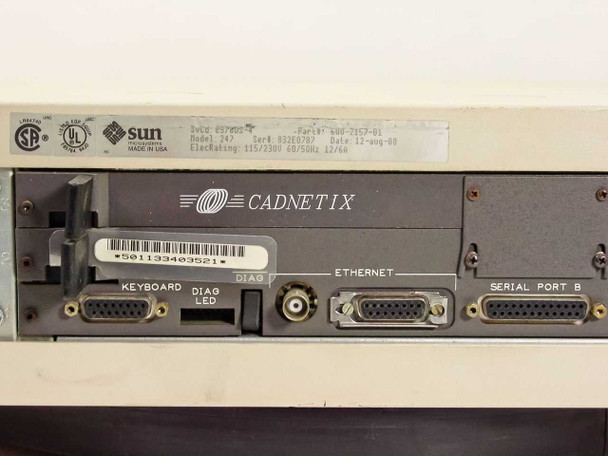 Sun 3/110 rear panel detail — Cadnetix branding, barcode sticker, Keyboard DB connector, DIAG LED, BNC Ethernet port, Serial Port B