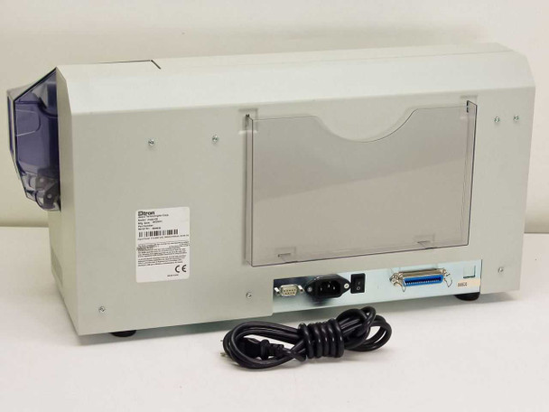 Zebra Eltron P420-CE rear view showing parallel port, 9-pin serial port, IEC power inlet, and included power cord