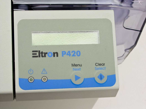 Eltron P420 front control panel close-up showing LCD display, power and warning indicators, Menu/Next and Clear/Select buttons