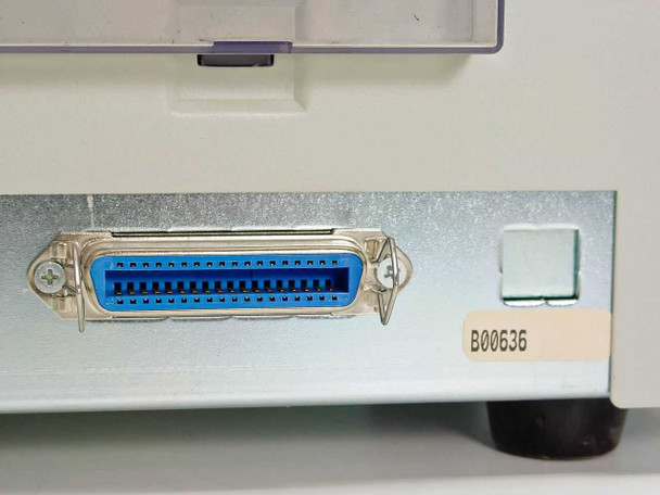 Zebra Eltron P420-CE rear panel close-up showing Centronics parallel port connector and asset label B00636