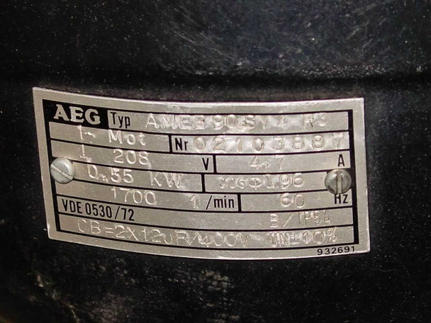 AEG motor rating plate on Pfeiffer Duo 012A showing type AMEB90S/4-W3, 208V, 0.55 kW, 1700 RPM, 60 Hz