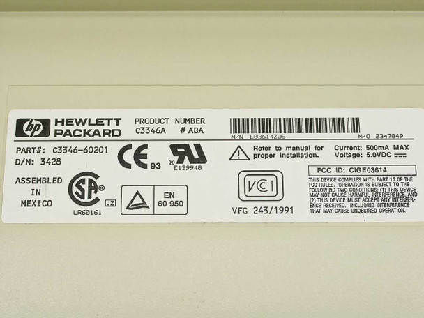 HP Hewlett-Packard C3346-60201 keyboard — bottom label showing part number C3346-60201, product number C3346A ABA, D/M 3428, FCC ID CIGE03614, assembled in Mexico