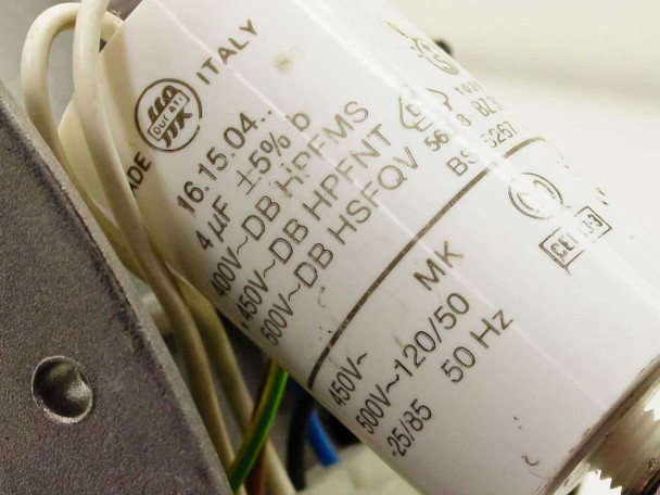 ebm-papst W2E200-HH82-05 run capacitor label showing 4 µF 400–500V AC Made in Italy