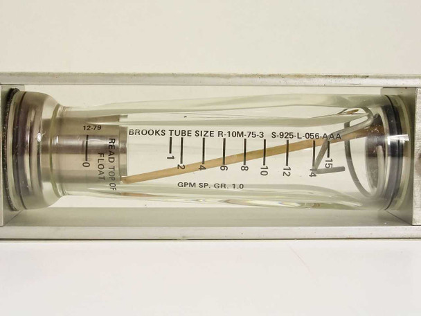 Brooks rotameter scale close-up — tube size R-10M-75-3, scale S-925-L-056-AAA, graduated 0–15 GPM for SP. GR. 1.0, date code 12-79