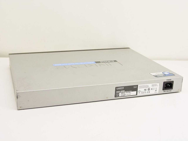 Linksys SLM2048 48-Port Gigabit Smart Switch — rear view showing brushed-metal top and regulatory label with IEC power inlet