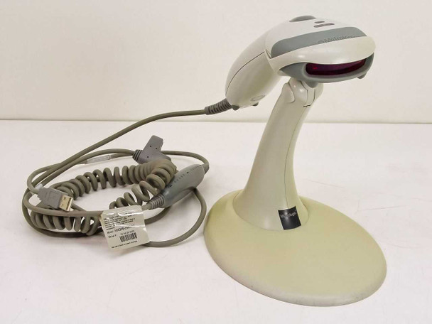 Metrologic MS9540 Voyager CG barcode scanner in stand with coiled USB converter cable laid out in front