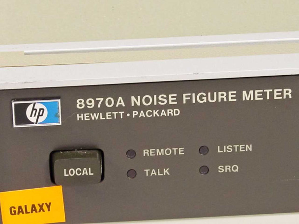 HP 8970A Noise Figure Meter close-up of upper-left front panel — Hewlett-Packard logo, LOCAL button, REMOTE LISTEN TALK SRQ indicators, Galaxy asset label