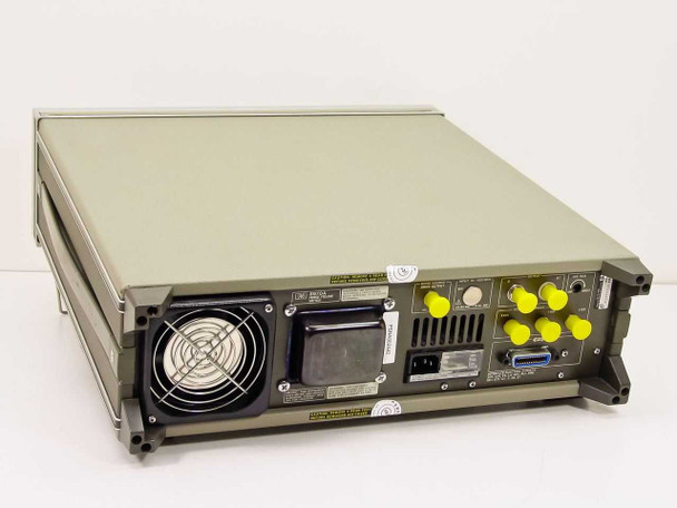 HP 8970A rear panel full view — cooling fan, IEC AC power inlet, fuse block, BNC output connectors with yellow protective caps, GPIB connector