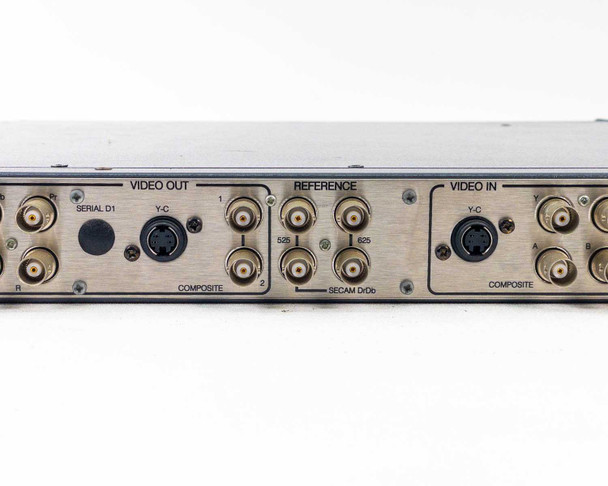 Snell & Wilcox TBS24 — close-up of rear center-right section showing Video Out (Serial D1, Y-C, Composite), Reference inputs (625 x2, SECAM DrDp), and Video In section (Y-C, Composite BNC)