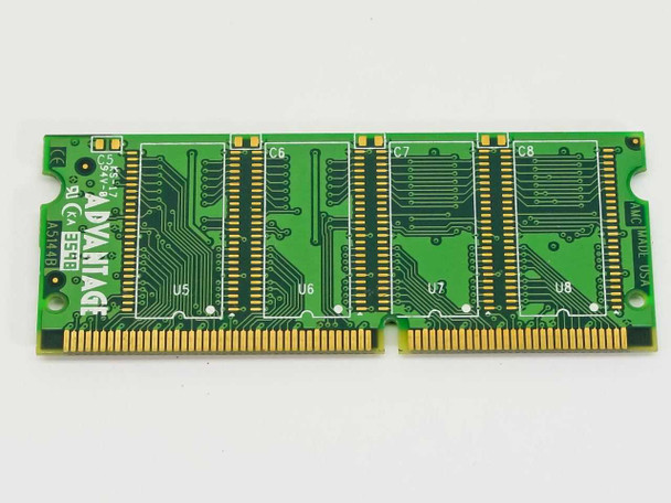 Advantage 32MB EDO 144-Pin SO-DIMM laptop memory module – back side showing Advantage brand marking and unpopulated chip positions with gold edge connector
