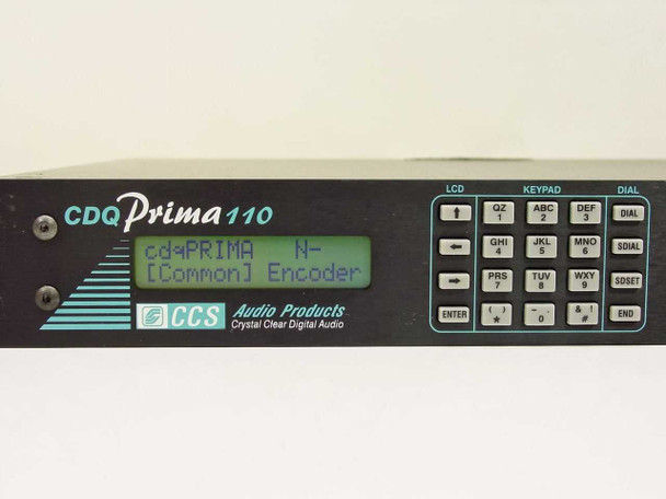 CDQ Prima 110 front panel close-up showing LCD display reading cdqPRIMA Common Encoder, alphanumeric keypad with LCD, KEYPAD, and DIAL sections